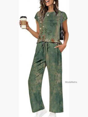 Medium Two Piece Lounge Set Cap Sleeve Top Wide Leg Pants Polyester Spandex